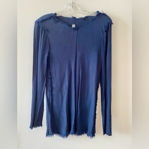 Raquel Allegra Navy Frayed Long Sleeve Blouse